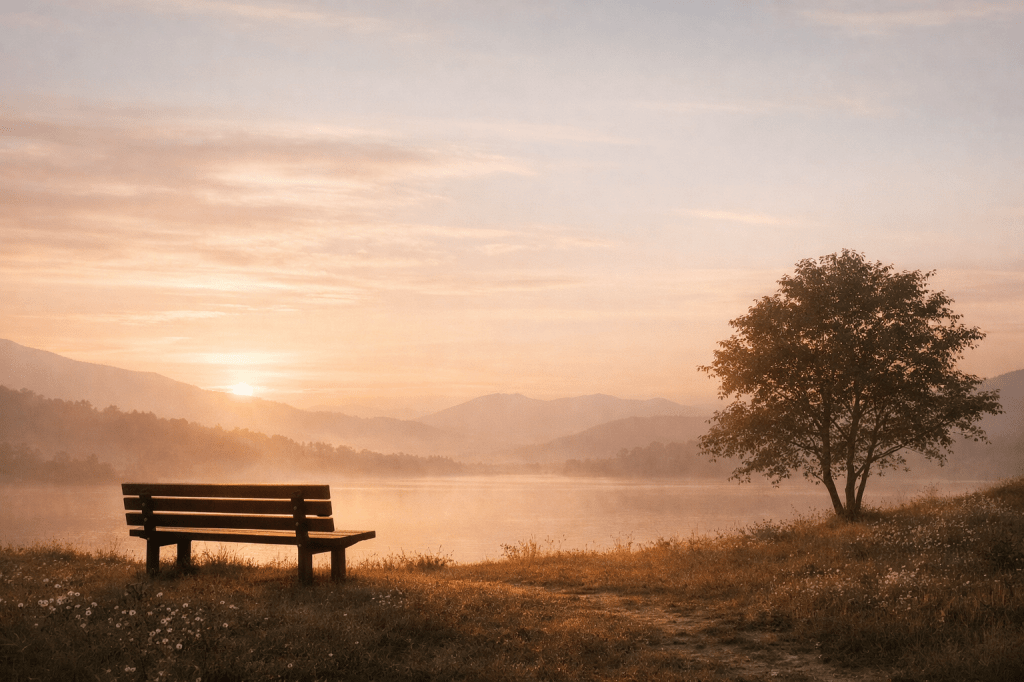 A quiet landscape at sunrise with an empty bench by the lake, symbolizing stillness, reflection, and a place where love learns to stay.