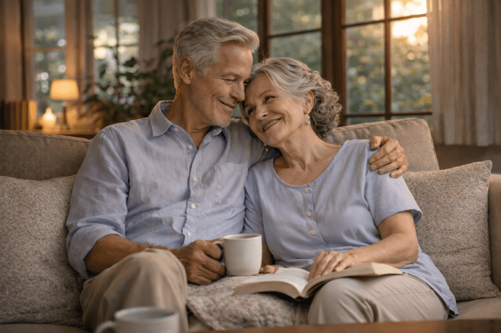 William and Anna sitting together at home in soft evening light, sharing a quiet daily moment of love and warmth