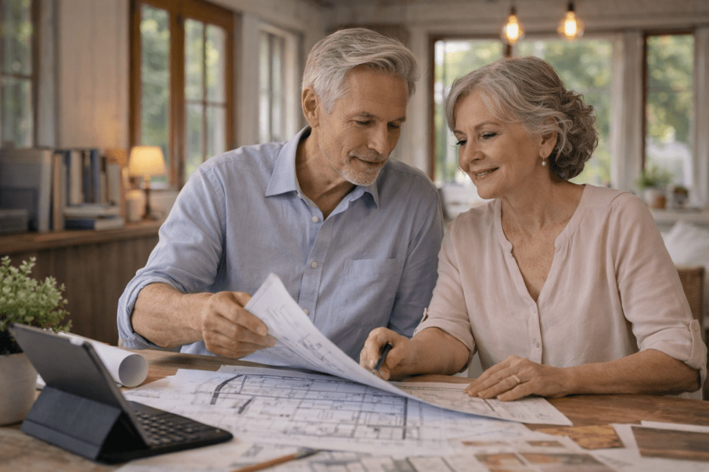 William and Anna, an elderly couple, sit together at a wooden table inside their home, quietly discussing interior design plans in soft natural light.
